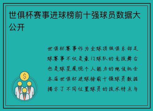 世俱杯赛事进球榜前十强球员数据大公开